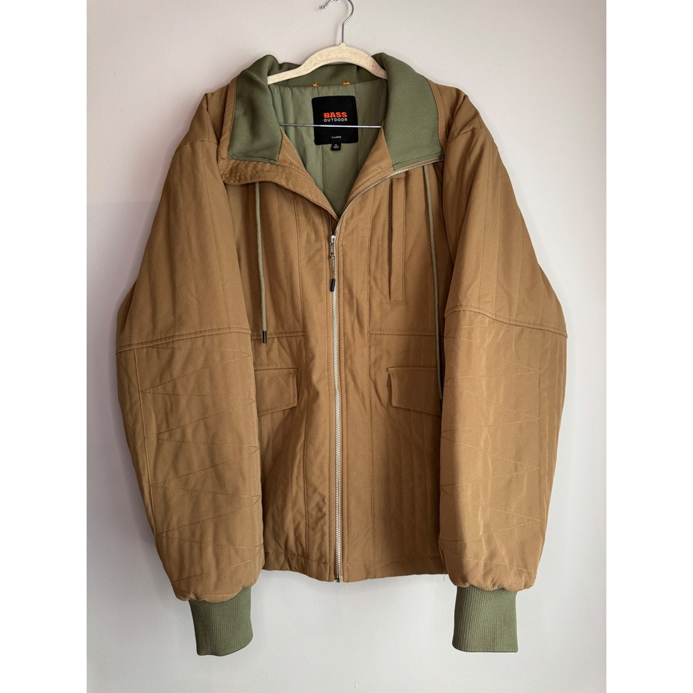 Bass Outdoor Mens Tan Vertical Quilted Full Zip Utility Jacket XL Olive Trim